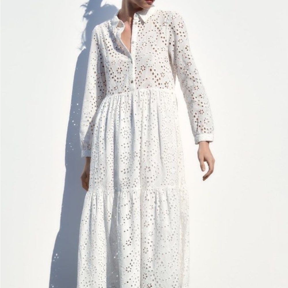 ZARA NEW EMBROIDERED TIERED MIDI DRESS WHITE M NWT